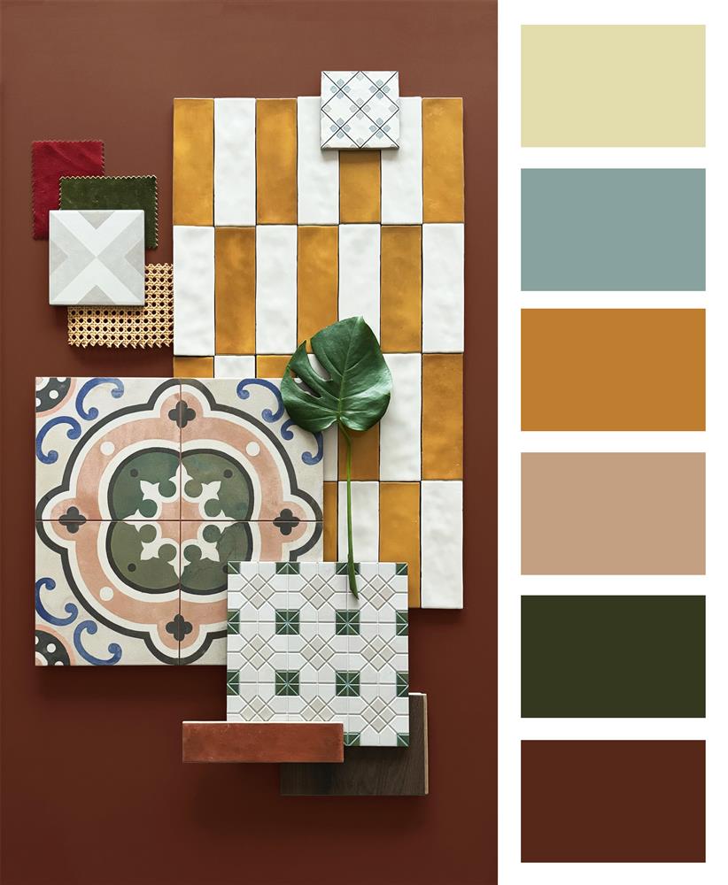 A sample mix of Wentworth lattice, Cavendish mustard metro, Salcombe soft white metro, Hoxton natural, Ammoudi pink, Versailles sage, and artisan Cotto metro tiles